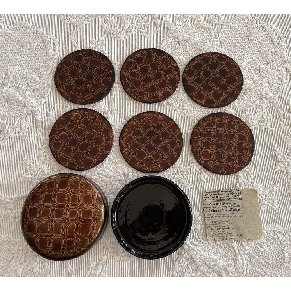 Set of 6 Brown Lacquered Coasters with Case & Paper Clipping
